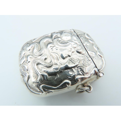 837 - Solid Silver Vesta Case Embossed Decoration Hinged Cover and Striker Decorated with Side Profile Lad... 