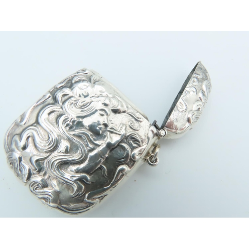 837 - Solid Silver Vesta Case Embossed Decoration Hinged Cover and Striker Decorated with Side Profile Lad... 