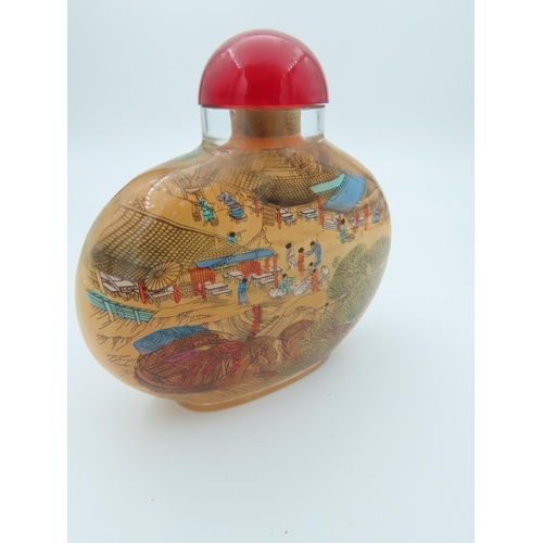 838 - Chinese Reverse Glass Painted Snuff Bottle with Original Cabochon Cut Stopper Approximately 4 Inches... 