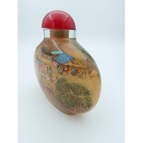 838 - Chinese Reverse Glass Painted Snuff Bottle with Original Cabochon Cut Stopper Approximately 4 Inches... 