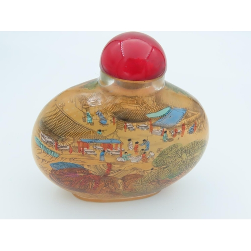 838 - Chinese Reverse Glass Painted Snuff Bottle with Original Cabochon Cut Stopper Approximately 4 Inches... 