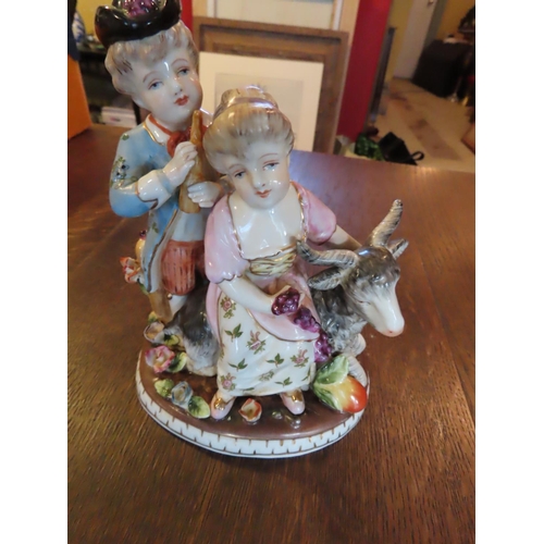 840 - Antique Dresden Fine Porcelain Figure of Children with Goat and Flowers Approximately 7 Inches High