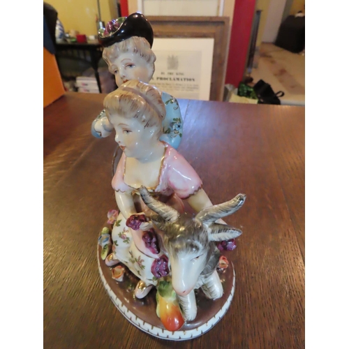 840 - Antique Dresden Fine Porcelain Figure of Children with Goat and Flowers Approximately 7 Inches High