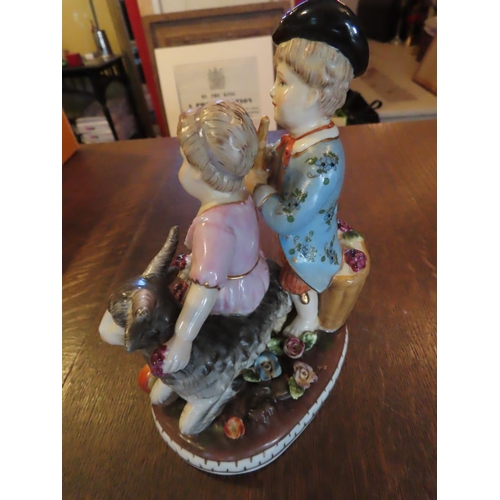 840 - Antique Dresden Fine Porcelain Figure of Children with Goat and Flowers Approximately 7 Inches High