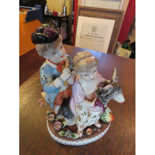 840 - Antique Dresden Fine Porcelain Figure of Children with Goat and Flowers Approximately 7 Inches High