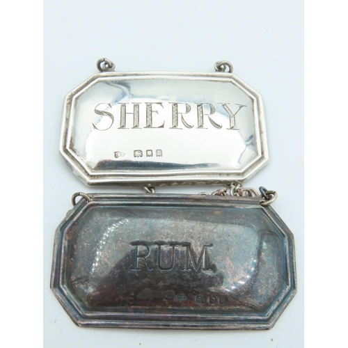 845 - Four Solid Silver Decanter Labels Sherry, Brandy, Rum and Whisky Each Hallmarked