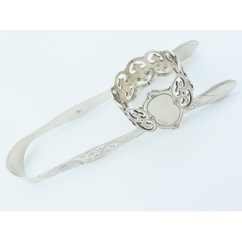 846 - Solid Silver Sugar Tongs with Solid Silver Napkin Ring Both Bright Cut