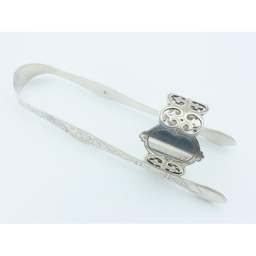 846 - Solid Silver Sugar Tongs with Solid Silver Napkin Ring Both Bright Cut