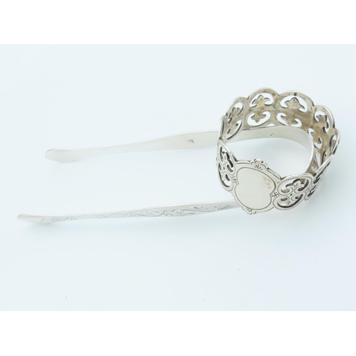 846 - Solid Silver Sugar Tongs with Solid Silver Napkin Ring Both Bright Cut