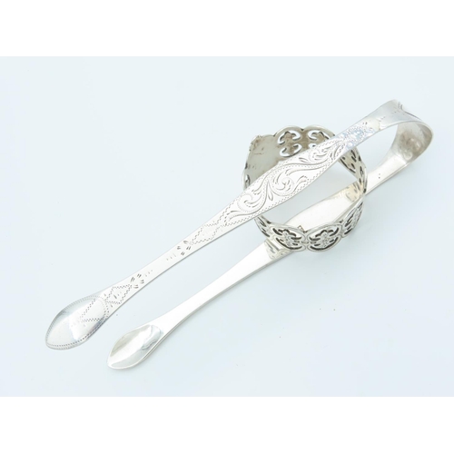 846 - Solid Silver Sugar Tongs with Solid Silver Napkin Ring Both Bright Cut