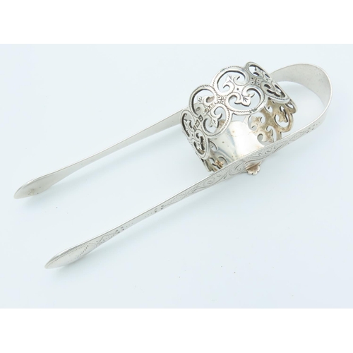 846 - Solid Silver Sugar Tongs with Solid Silver Napkin Ring Both Bright Cut