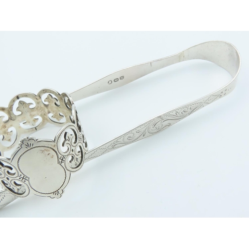 846 - Solid Silver Sugar Tongs with Solid Silver Napkin Ring Both Bright Cut