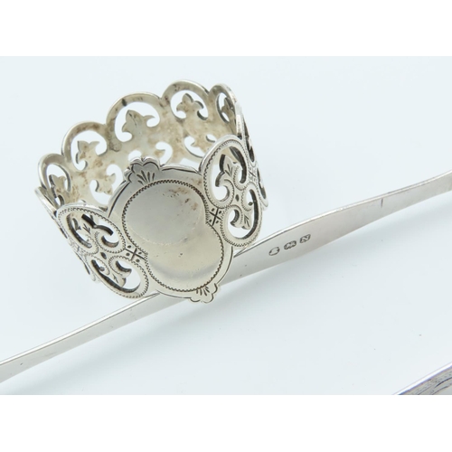 846 - Solid Silver Sugar Tongs with Solid Silver Napkin Ring Both Bright Cut