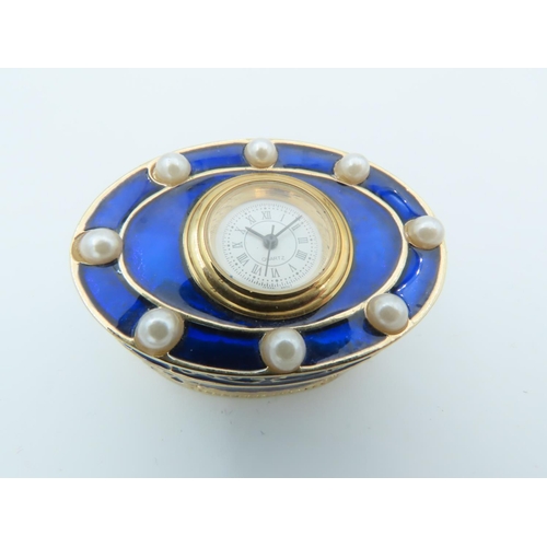 847 - Enamel Decorated Oval Form Pill or Ring Box Approximately 3 Inches Diameter with Inset Time Piece