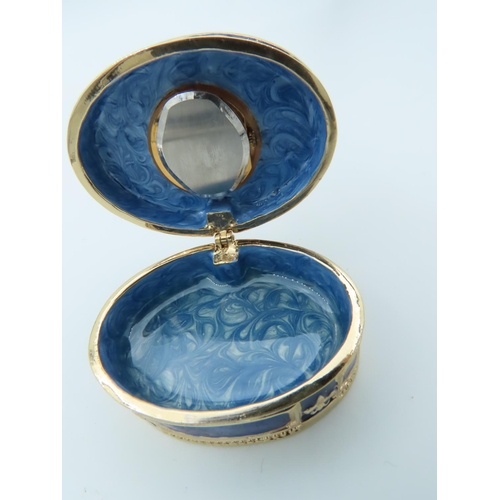 847 - Enamel Decorated Oval Form Pill or Ring Box Approximately 3 Inches Diameter with Inset Time Piece