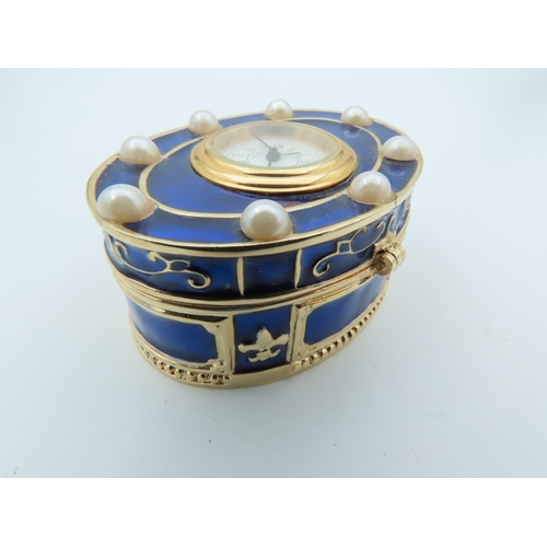 847 - Enamel Decorated Oval Form Pill or Ring Box Approximately 3 Inches Diameter with Inset Time Piece