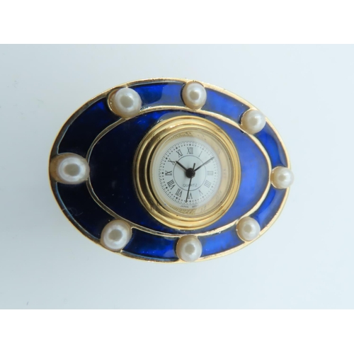 847 - Enamel Decorated Oval Form Pill or Ring Box Approximately 3 Inches Diameter with Inset Time Piece