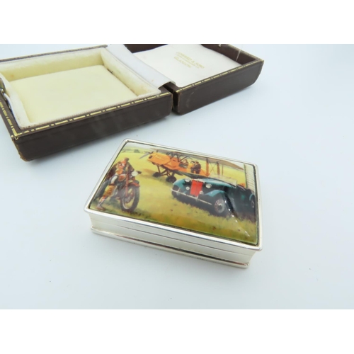 857 - Motoring Interest Hinged Cover Solid Silver Pill Box