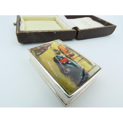 857 - Motoring Interest Hinged Cover Solid Silver Pill Box