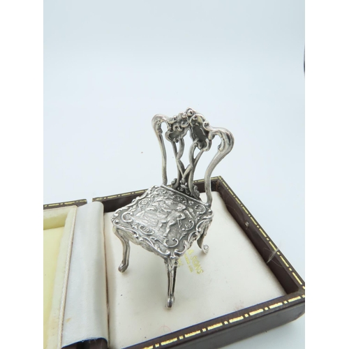 859 - Novelty Solid Silver Chair of Rococo Form Approximately 1 Inch High