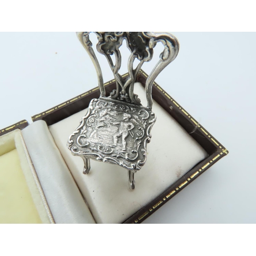 859 - Novelty Solid Silver Chair of Rococo Form Approximately 1 Inch High