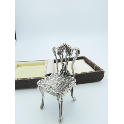 859 - Novelty Solid Silver Chair of Rococo Form Approximately 1 Inch High