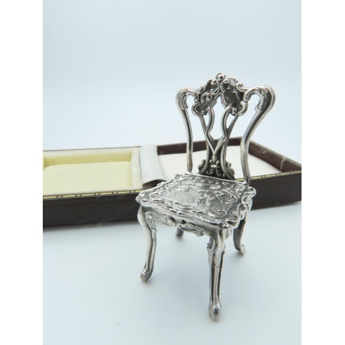 859 - Novelty Solid Silver Chair of Rococo Form Approximately 1 Inch High