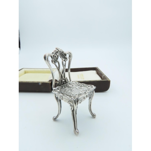 859 - Novelty Solid Silver Chair of Rococo Form Approximately 1 Inch High