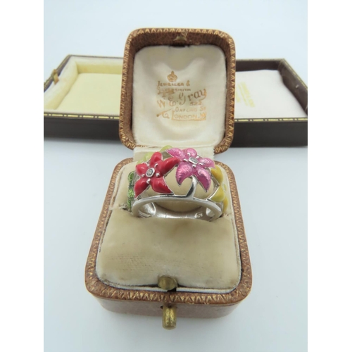 860 - Enamel Decorated Solid Silver Ladies Ring Floral Motifs Size N and a Half