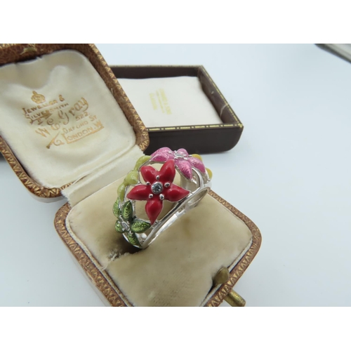 860 - Enamel Decorated Solid Silver Ladies Ring Floral Motifs Size N and a Half