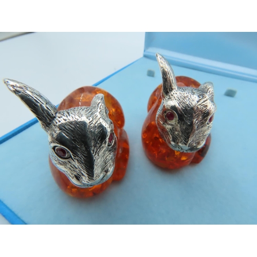 863 - Pair of Solid Silver Mounted Amber Set Rabbit Figures