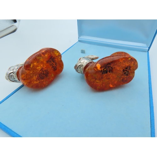 863 - Pair of Solid Silver Mounted Amber Set Rabbit Figures