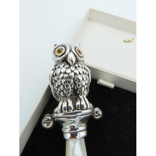 866 - Owl Motif Babies Rattle with Mother of Pearl Handle or Soother