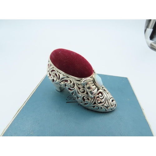 867 - Solid Silver Shoe Motif Pin Cushion with Opal Inset Decoration