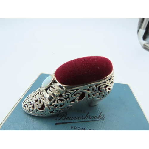 867 - Solid Silver Shoe Motif Pin Cushion with Opal Inset Decoration