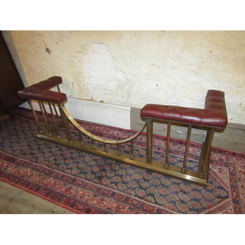 872 - Burgundy Deep Button Leather Upholstered Brass Rail Club Fender Approximately 5ft 6 Inches Wide