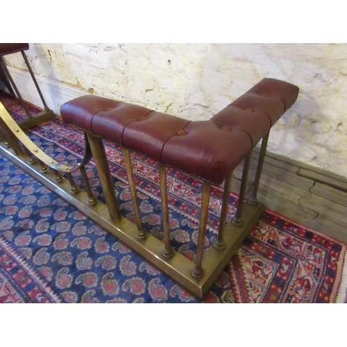 872 - Burgundy Deep Button Leather Upholstered Brass Rail Club Fender Approximately 5ft 6 Inches Wide