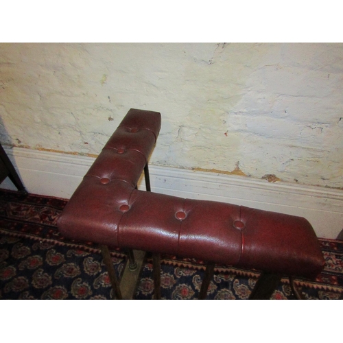 872 - Burgundy Deep Button Leather Upholstered Brass Rail Club Fender Approximately 5ft 6 Inches Wide