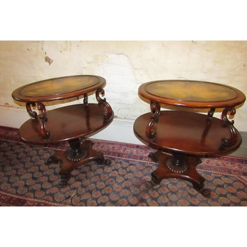 873 - William IV Pair of Oval Form Mahogany Twin Tier Tables with Leather Inset Tops above Well Carved Paw... 