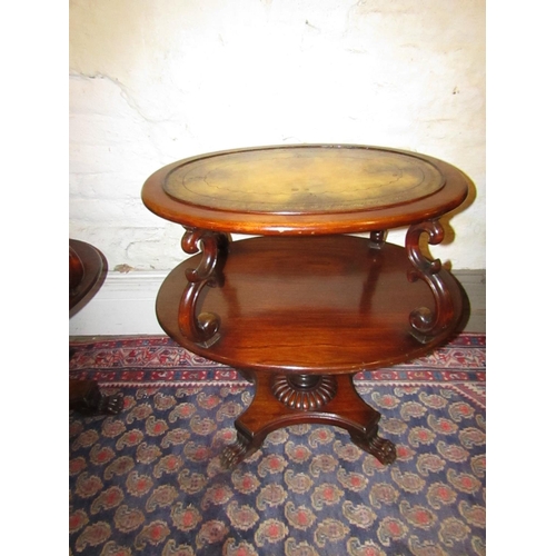 873 - William IV Pair of Oval Form Mahogany Twin Tier Tables with Leather Inset Tops above Well Carved Paw... 