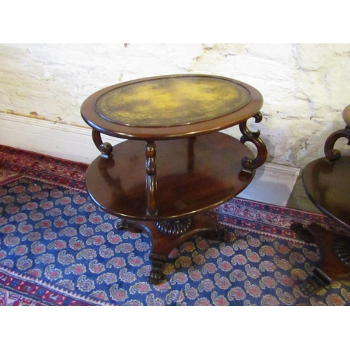 873 - William IV Pair of Oval Form Mahogany Twin Tier Tables with Leather Inset Tops above Well Carved Paw... 