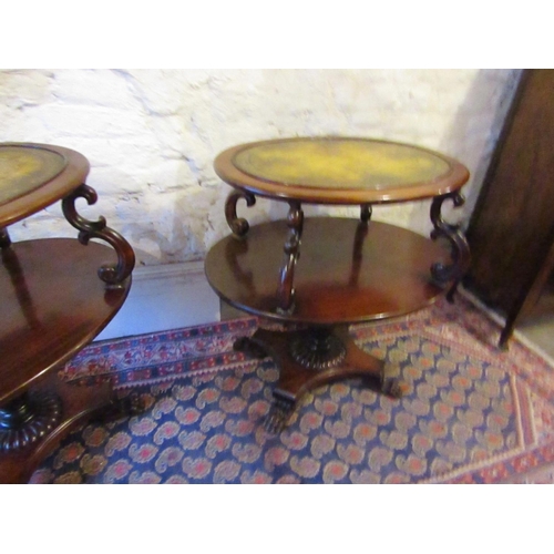 873 - William IV Pair of Oval Form Mahogany Twin Tier Tables with Leather Inset Tops above Well Carved Paw... 