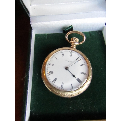 877 - Elgin 9 Carat Gold Watch with Engraved Decoration Roman Numeral Decorated Enamel Dial