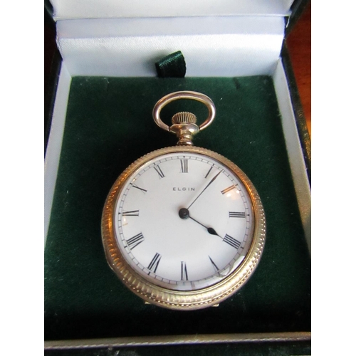 877 - Elgin 9 Carat Gold Watch with Engraved Decoration Roman Numeral Decorated Enamel Dial