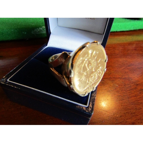 879 - Gold Sovereign Mounted Ring Dated 1907 on 9 Carat Gold Band of Heavy Weight