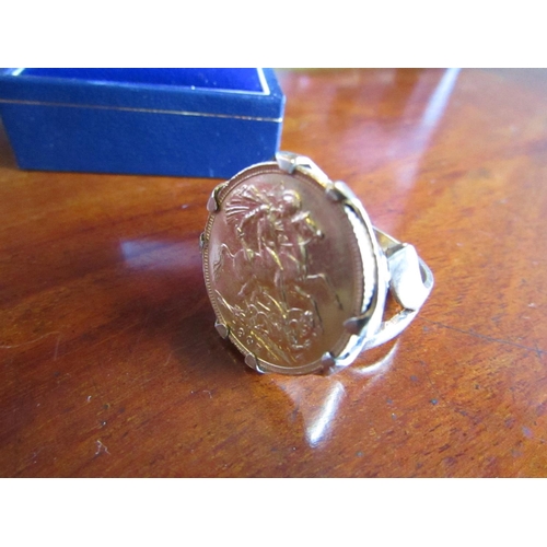 879 - Gold Sovereign Mounted Ring Dated 1907 on 9 Carat Gold Band of Heavy Weight