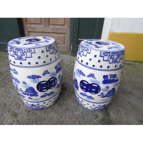 886 - Pair of Oriental Blue and White Barrel Seats Fine Porcelain with Landscape Decoration Each Approxima... 