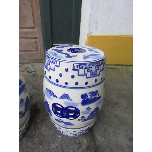 886 - Pair of Oriental Blue and White Barrel Seats Fine Porcelain with Landscape Decoration Each Approxima... 