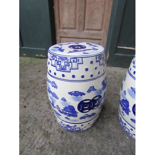 886 - Pair of Oriental Blue and White Barrel Seats Fine Porcelain with Landscape Decoration Each Approxima... 