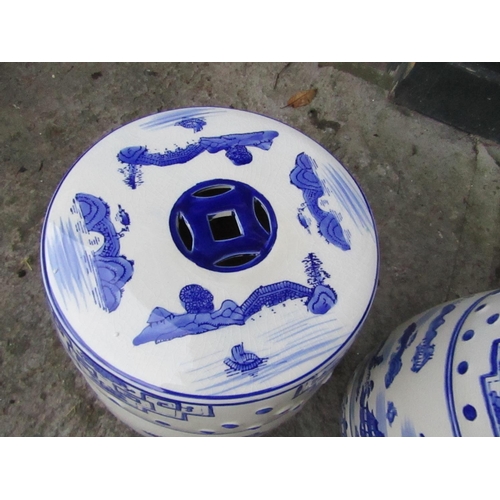 886 - Pair of Oriental Blue and White Barrel Seats Fine Porcelain with Landscape Decoration Each Approxima... 